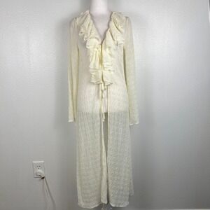 Boho Long Sheer Cardigan Medium Cream Fairy Tie Front Flare Sleeve Indie Y2K